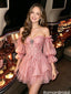 Beautiful Blush Pink Floral Embroidered Off-Shoulder Tulle Homecoming Dress,HD1246