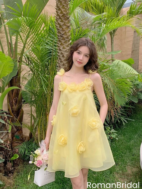 Fancy Yellow Floral Homecoming Dress Sleeveless A Line Short Modern Cocktail,HD1286