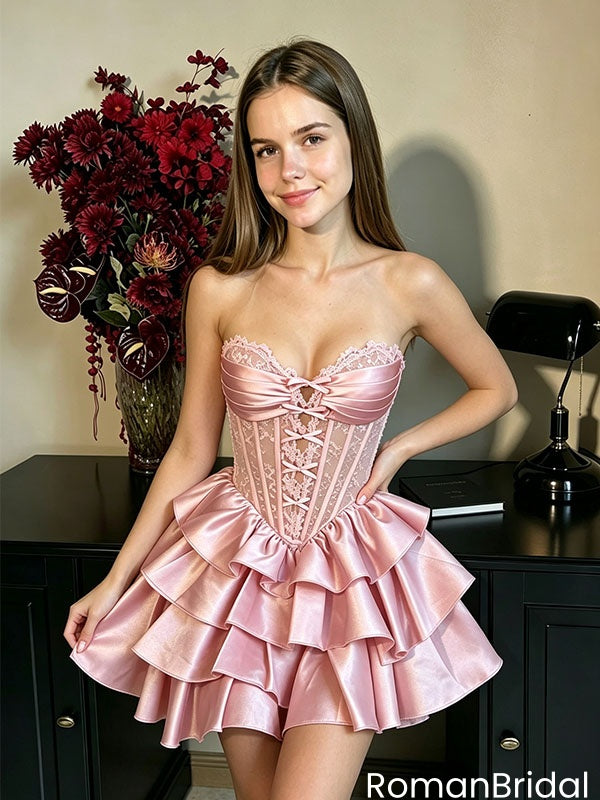 Modern Pink Strapless Sleeveless Tiered Ruffle Mini Satin Homecoming Dress,HD1332