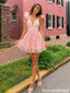 Charming Pink Floral Applique V-Neck Bow Strap Mini Homecoming Dress Sweet Party,HD1344