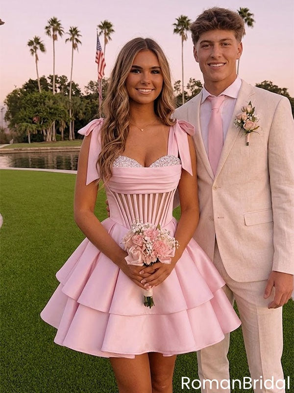 Sexy Pink Tiered Homecoming Dress Featuring Sparkly Corset With Bow Straps,HD1270