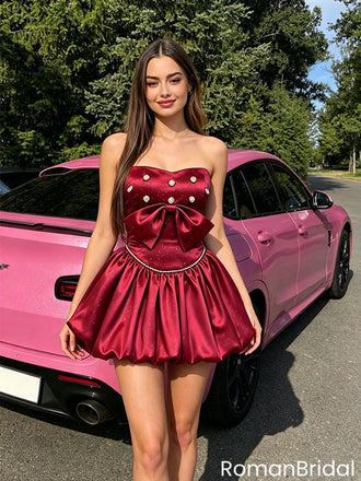 Unique Burgundy Satin Homecoming Dress Strapless Bodice Large Bow Crystal Accents,HD1254