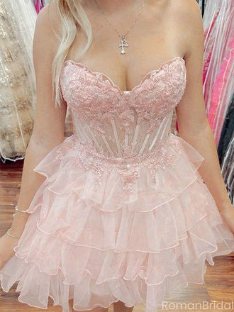 Sexy Pink Sweetheart Sleeveless Lace A-Line Short Homecoming Dresses For Party,HD1143