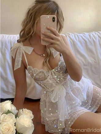 Sparkly White Spaghetti Strap A-Line Short Homecoming Dresses For Birthday Party,HD1195