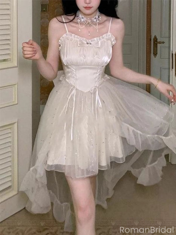 Elegant White Spaghetti Strap High-Low Sleeveless Homecoming Dresses For Birthday Party,HD1184