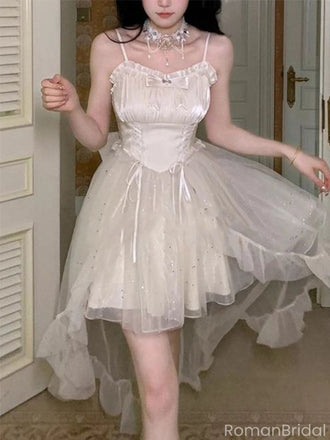 Elegant White Spaghetti Strap High-Low Sleeveless Homecoming Dresses For Birthday Party,HD1184