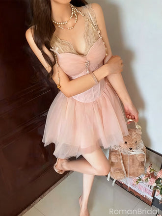 Sexy Pink V-Neck Sleeveless A -Line Lace Short Homecoming Dresses For Party,HD1148