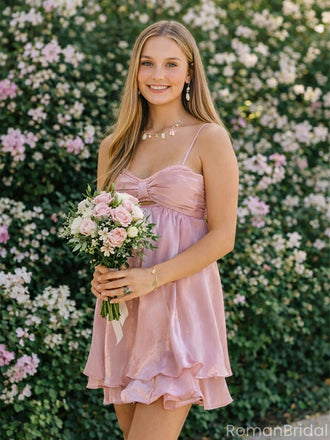 Pretty Pink Satin Homecoming Dress Sleeveless Sweetheart Neck A-Line Short Cocktail Gown,HD1206