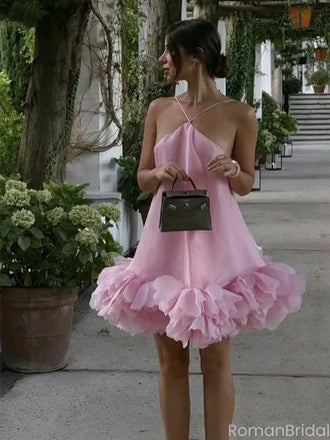 Unique Pink Floral V-Neck A-Line Short Homecoming Dresses For Birthday Party,HD1188