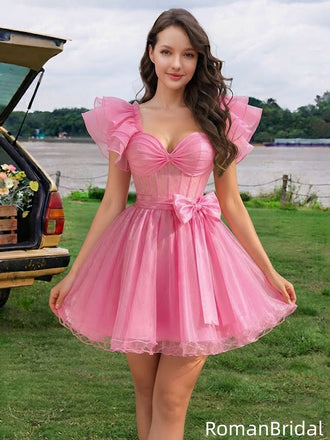 Fancy Pink Scoop Neck Ruffle Sleeve Corset Tulle Short Homecoming Dress,HD1341