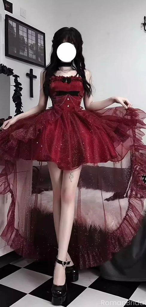 Sexy Red Spaghetti Strap High Low A-Line Short Homecoming Dresses For Party,HD1157