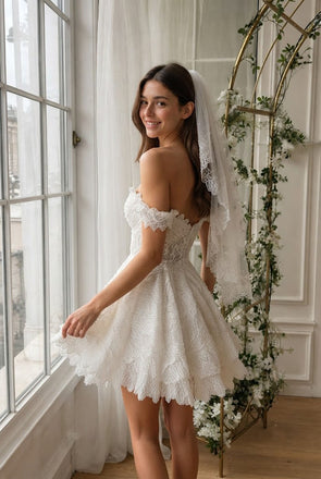 Modern Lace Sweetheart Strapless Mini Wedding Dresses with Exquisite Applique Details,WD0634