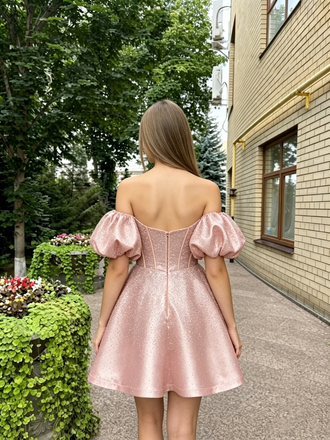 Glamorous Pink Off Shoulder Puff Sleeve Glitter Short Homecoming Dress Corset Mini,HD1323