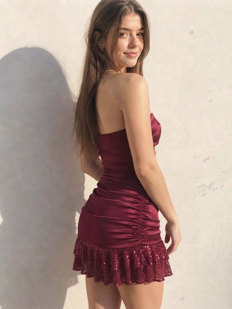 Dark Wine Red Strapless Ruched Satin Homecoming Dress with Sequin Ruffle,HD1399
