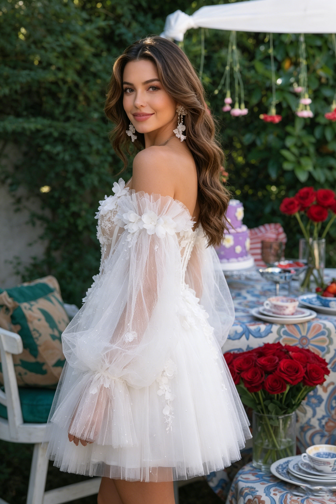Modern White Off-the-Shoulder Tulle Balloon Sleeve Homecoming Dress,HD1234