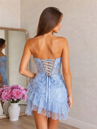 Stunning Light Blue Sweetheart Corset Sequin Mini Homecoming Dress with Ruffled Hem,HD1378