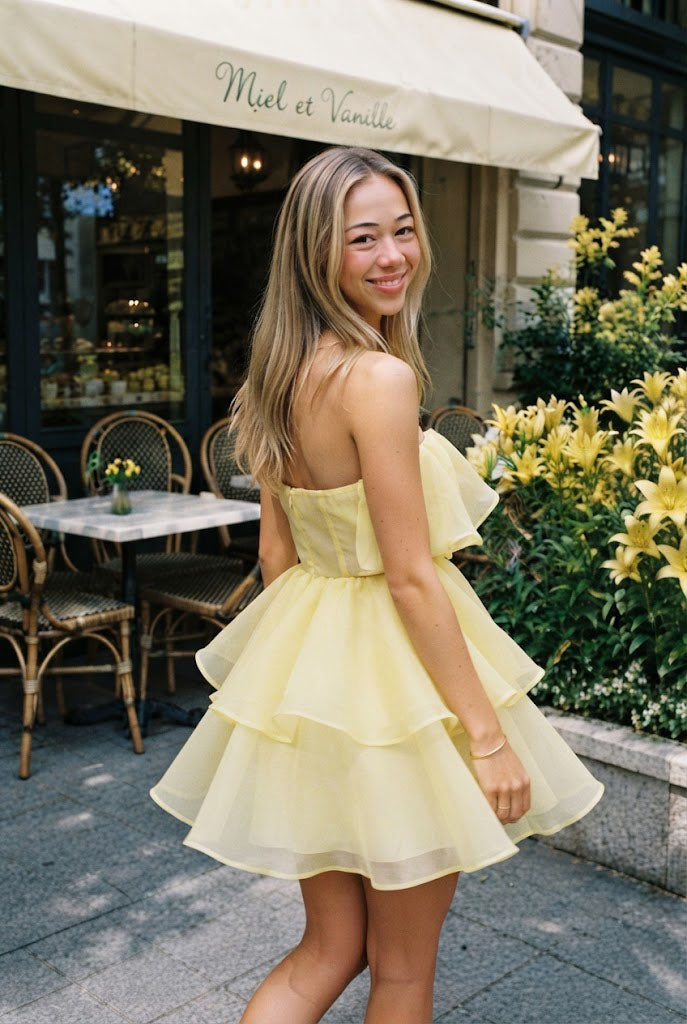 Beautiful Yellow Strapless Tiered Homecoming Dress Cute Layered Ruffle Organza Party Gown,HD1312