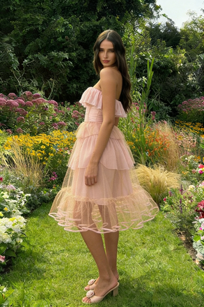 Pretty Pink Tulle Short Homecoming Dress Ruffled Tiered Skirt Corset Style Top,HD1218