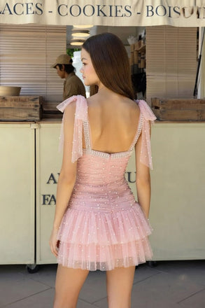 Pretty Pink Square Neck Beaded Pearl Tulle Homecoming Dress Featuring Tiered Skirt,HD1320