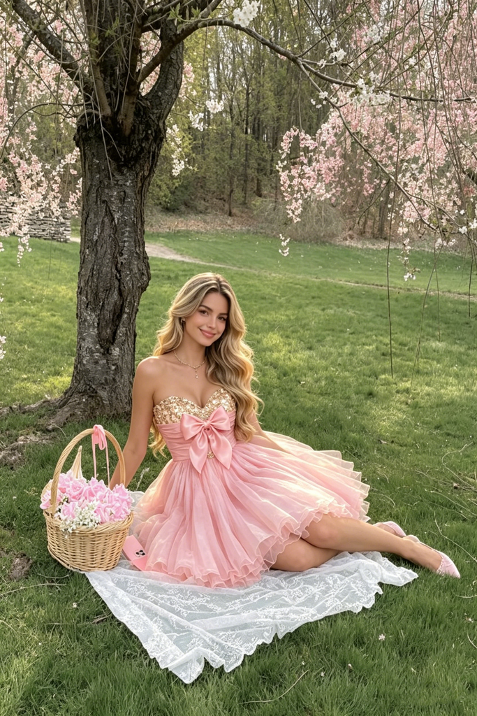 Pink Strapless Sweetheart Sequin Bow Short Tulle A Line Unique Homecoming Dress,HD1230