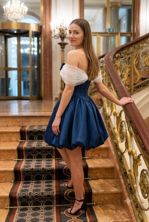 Unique Navy Blue Satin Corset Cocktail Homecoming Dress Classy Off Shoulder Mini Party,HD1271