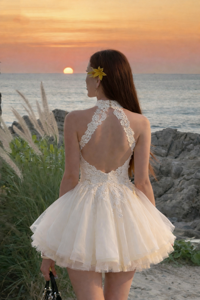 Beautiful Ivory Lace Short Homecoming Dress Halter Neck Tulle Mini Cocktail Gown,HD1216