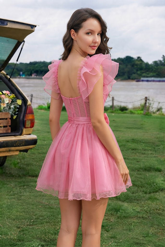 Fancy Pink Scoop Neck Ruffle Sleeve Corset Tulle Short Homecoming Dress,HD1341
