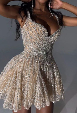 Shiny Spaghetti Strap A-Line Sequin Short Homecoming Dresses For Party,HD1152