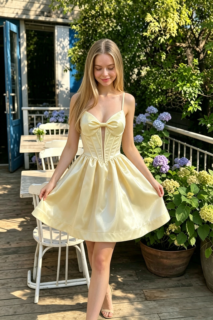 Modern Yellow Short Homecoming Dress Sweetheart Neck Spaghetti Strap Mini Gown,HD1338