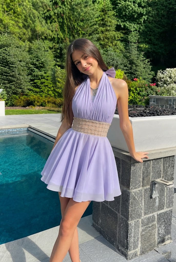 Beautiful Lavender Chiffon Mini Homecoming Dress Embellished Waist Unique Pleated Fit,HD1349