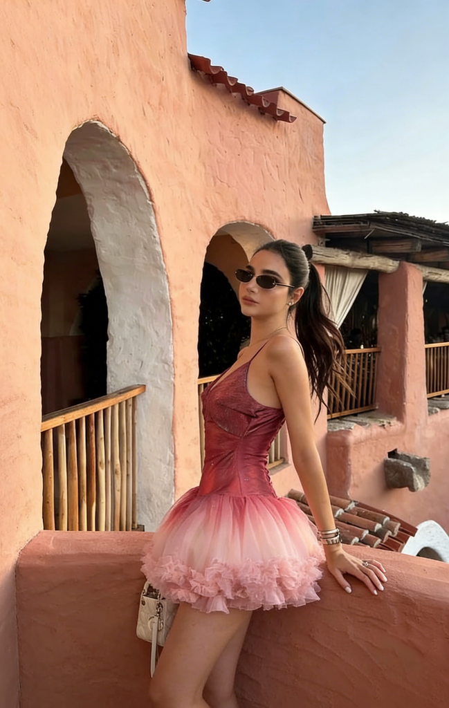 Sexy Spaghetti Strap Pink Ombre Tulle Homecoming Dress Ruffle Tiered Mini Skirt,HD1220