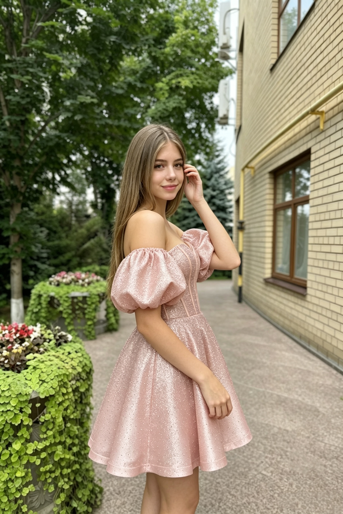 Glamorous Pink Off Shoulder Puff Sleeve Glitter Short Homecoming Dress Corset Mini,HD1323