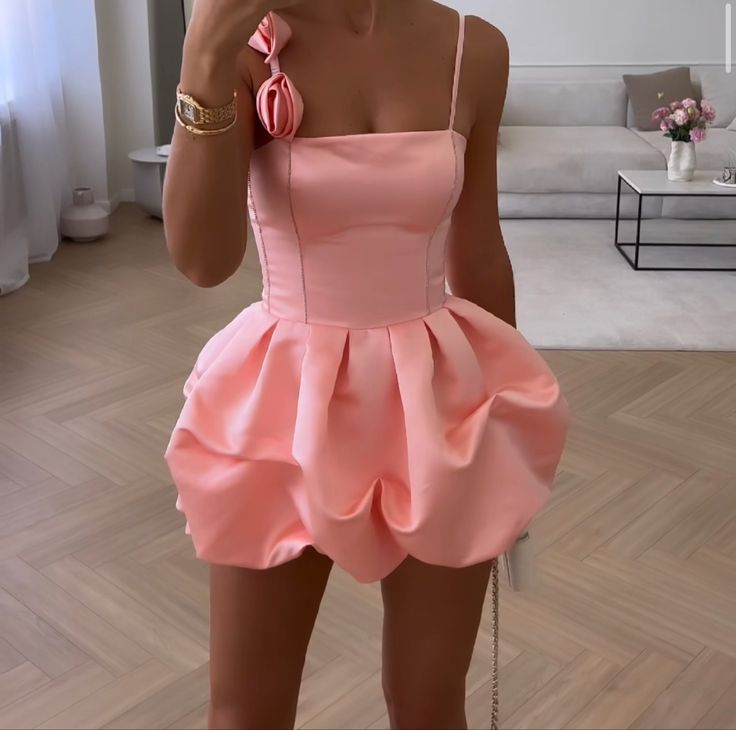 Elegant Pink Spaghetti Strap A-Line Short Homecoming Dresses For Party,HD1155
