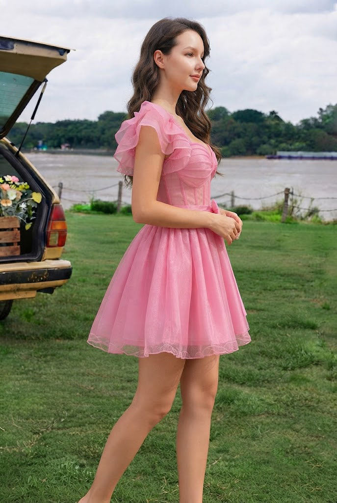 Fancy Pink Scoop Neck Ruffle Sleeve Corset Tulle Short Homecoming Dress,HD1341