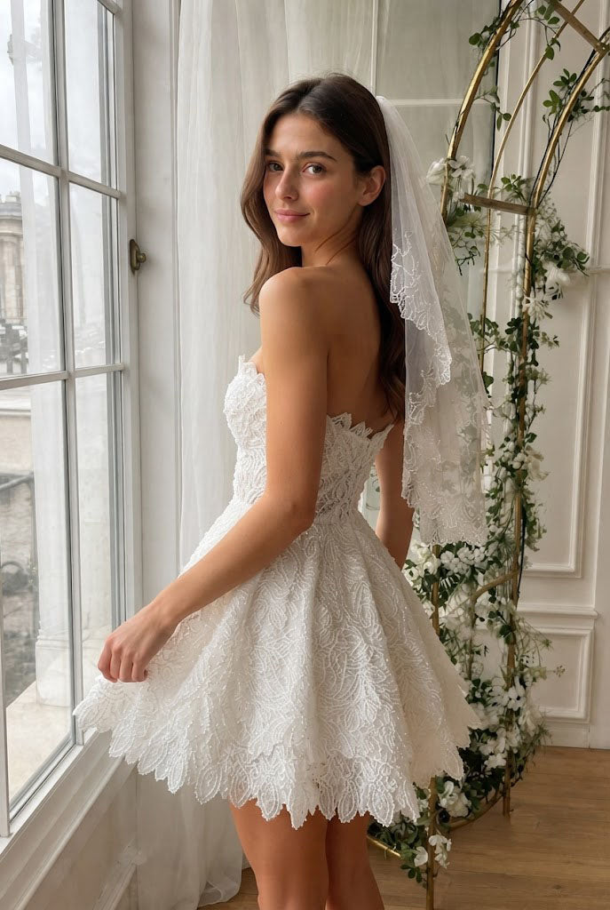 Modern Lace Sweetheart Strapless Mini Wedding Dresses with Exquisite Applique Details,WD0634