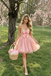 Pink Strapless Sweetheart Sequin Bow Short Tulle A Line Unique Homecoming Dress,HD1230
