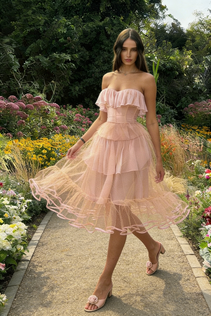 Pretty Pink Tulle Short Homecoming Dress Ruffled Tiered Skirt Corset Style Top,HD1218