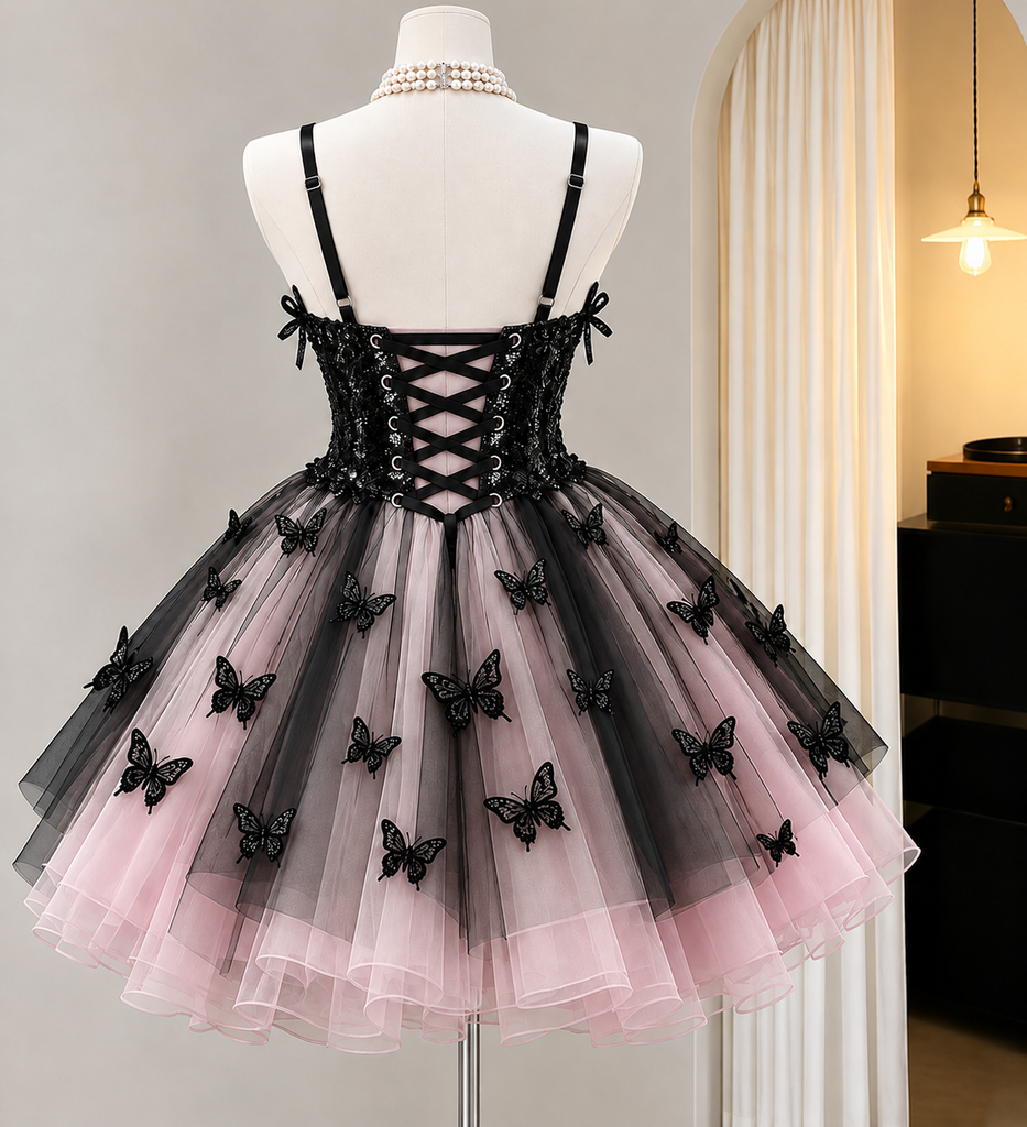 Classy Black and Pink Butterfly Homecoming Dress Corset Style Tulle Mini,HD1262