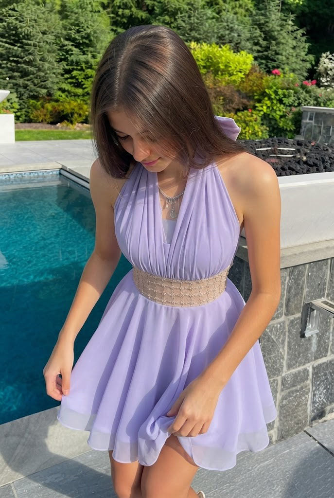 Beautiful Lavender Chiffon Mini Homecoming Dress Embellished Waist Unique Pleated Fit,HD1349