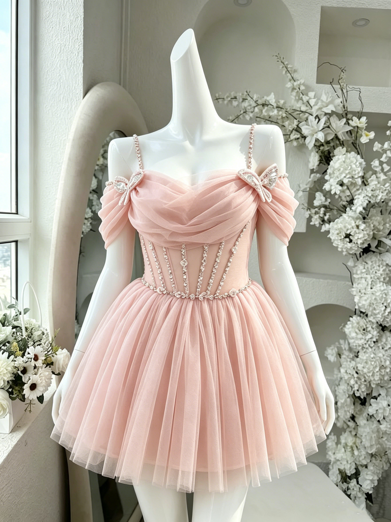 Sexy Off-Shoulder Pink Tulle Short Homecoming Dress Beaded Bodice Butterfly Accent,HD1252