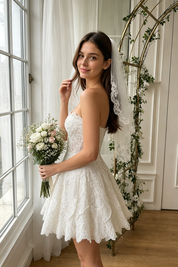 Modern Lace Sweetheart Strapless Mini Wedding Dresses with Exquisite Applique Details,WD0634