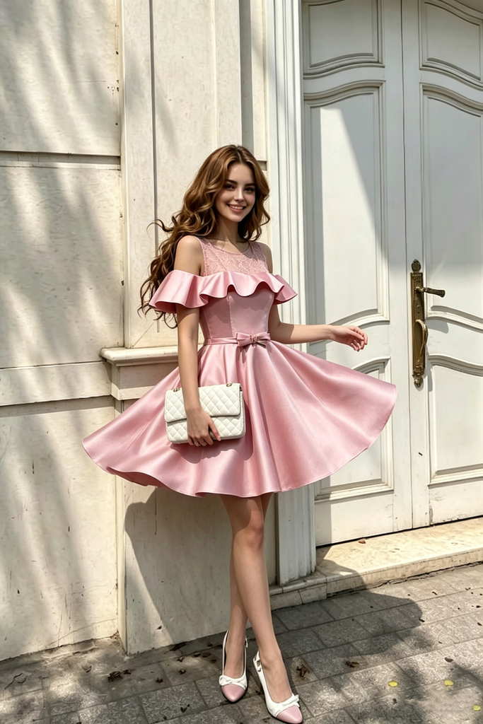 Pretty Dusty Pink Cold Shoulder Homecoming Dress Short A-Line Satin Ruffle Gown,HD1229