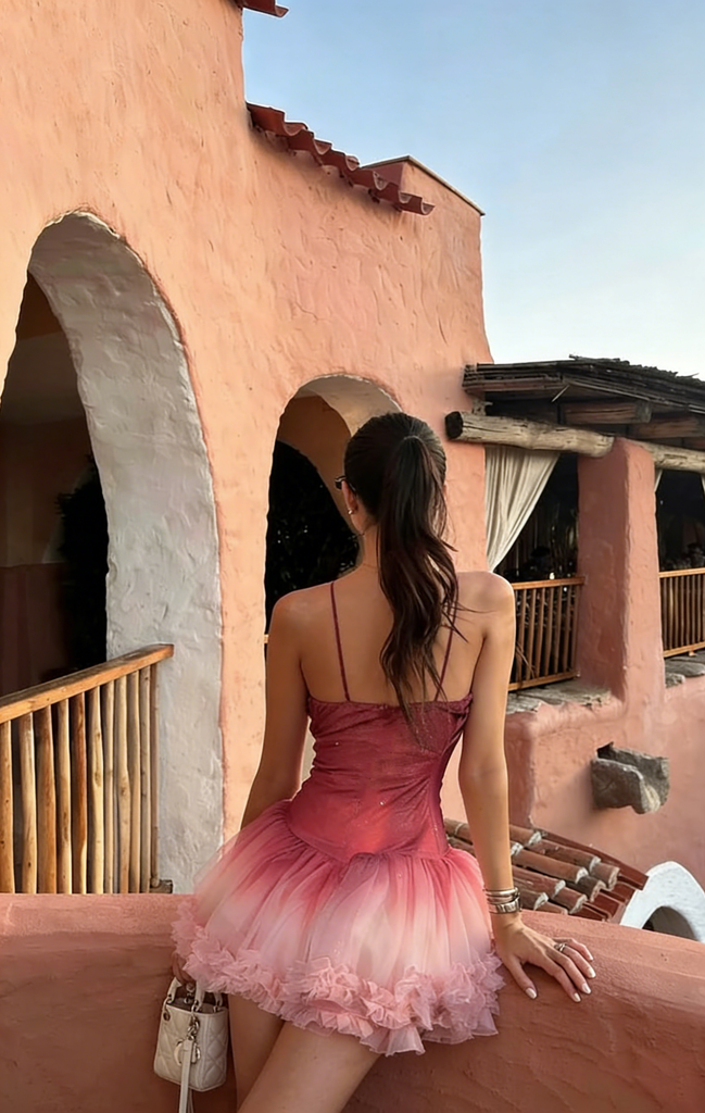 Sexy Spaghetti Strap Pink Ombre Tulle Homecoming Dress Ruffle Tiered Mini Skirt,HD1220