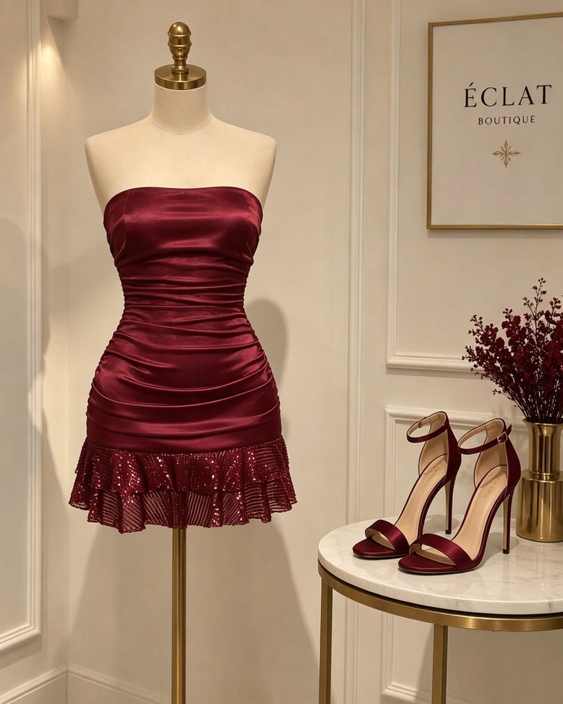 Dark Wine Red Strapless Ruched Satin Homecoming Dress with Sequin Ruffle,HD1399