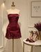 Dark Wine Red Strapless Ruched Satin Homecoming Dress with Sequin Ruffle,HD1399