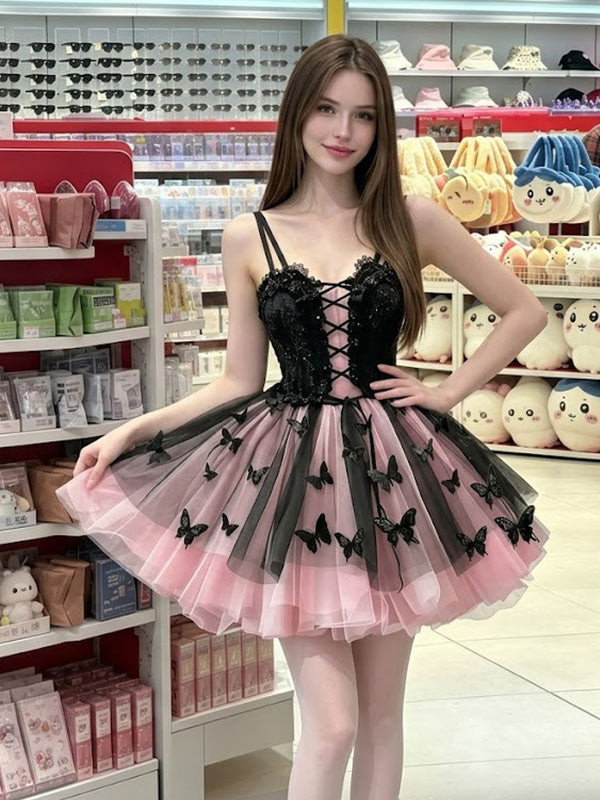 Classy Black and Pink Butterfly Homecoming Dress Corset Style Tulle Mini,HD1262