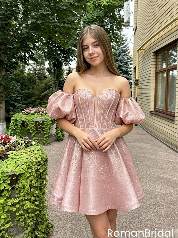 Glamorous Pink Off Shoulder Puff Sleeve Glitter Short Homecoming Dress Corset Mini,HD1323