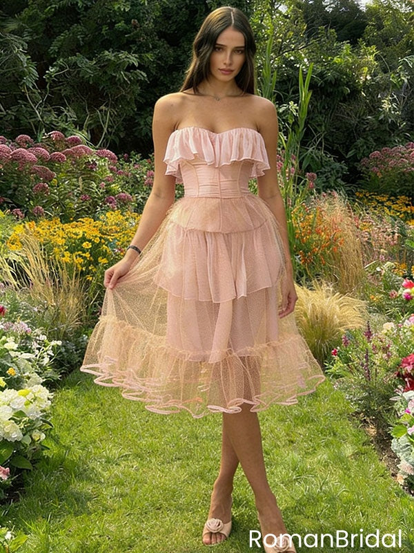 Pretty Pink Tulle Short Homecoming Dress Ruffled Tiered Skirt Corset Style Top,HD1218