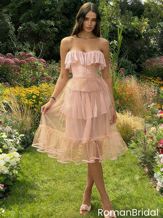 Pretty Pink Tulle Short Homecoming Dress Ruffled Tiered Skirt Corset Style Top,HD1218