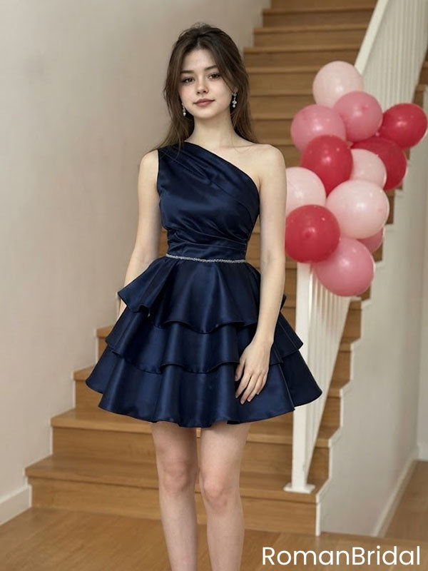 Chic Navy One-Shoulder Satin Short Homecoming  Dress with Ruffled Tiered Skirt,HD1333